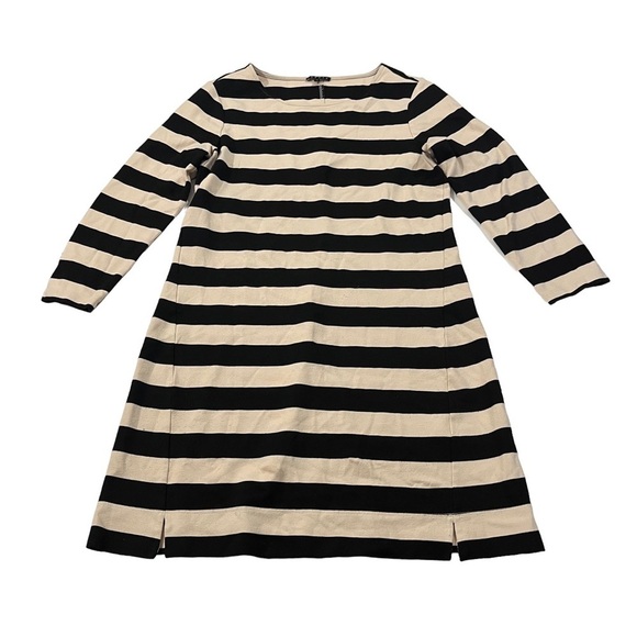 Theory Women Cream & Black Striped Long Sleeve Round Neck Mini Shift Dress Sz M - Picture 5 of 15